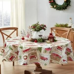 New Christmas Vinyl Tablecloth Red Truck Trees Farm 60" Round Happy Holiday